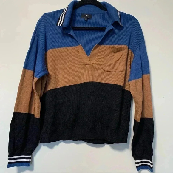 7 For  All Mankind color block ribbed striped cropped polo sweater - Picture 1 of 5